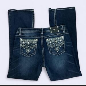 Miss Me Dark Blue Boot Cut Jeans with Silver Embellishments